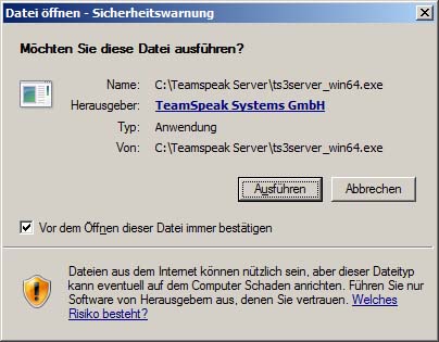 Windows 7 Sicherheitswarnung bei TS3 Server Start